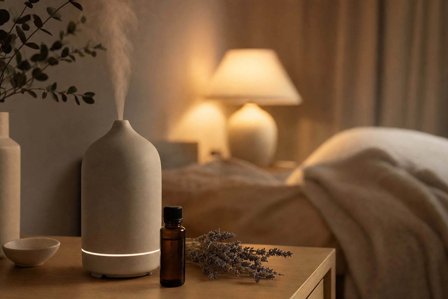 Aromaterapia per dormire: diffusore di oli essenziali con lavanda su comodino e luce calda della sera, il profumo che prepara al sonno