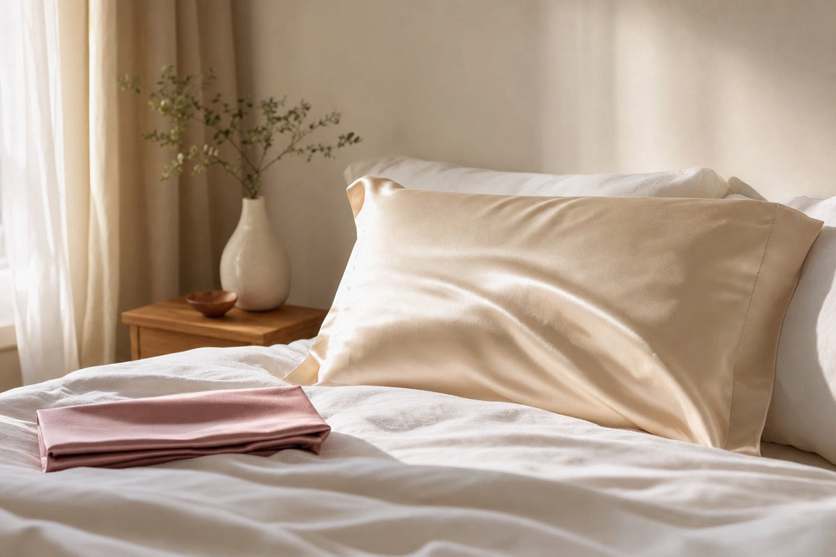 Migliori federe in seta: federe in seta di gelso champagne e rosa su un letto con luce naturale del mattino, la qualità che si sceglie per esigenza