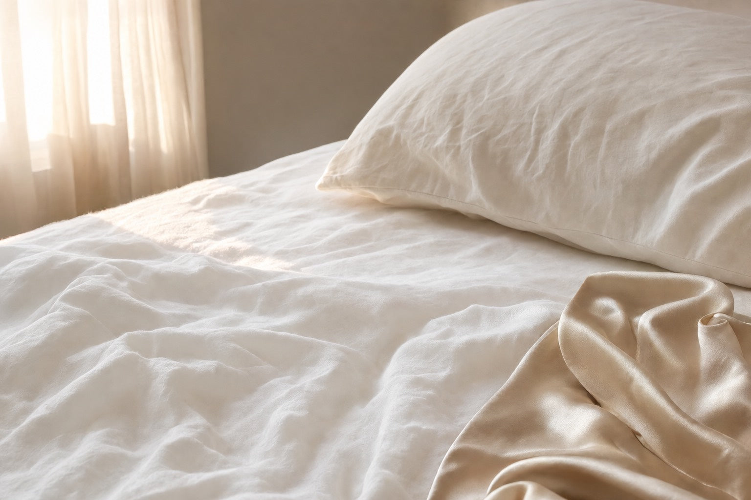 Posizioni per dormire: letto con lenzuola di lino chiare e luce naturale del mattino, la superficie su cui il viso riposa ogni notte