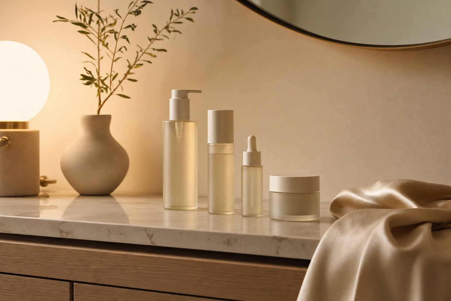 Routine skincare serale: prodotti per la cura del viso allineati su un mobile da bagno con luce calda serale