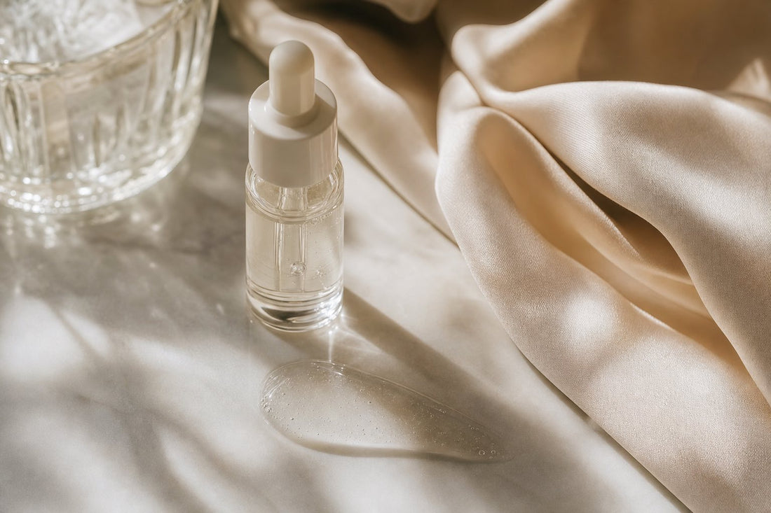 Acido ialuronico viso: siero idratante in flacone di vetro con goccia d'acqua su superficie chiara, l'idratazione della pelle