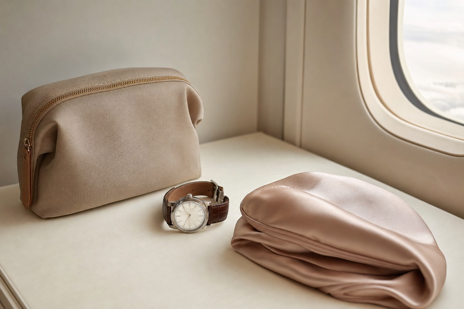 Come combattere il jet lag: orologio, pochette da viaggio e mascherina in seta su superficie chiara, gestire il cambio di fuso orario
