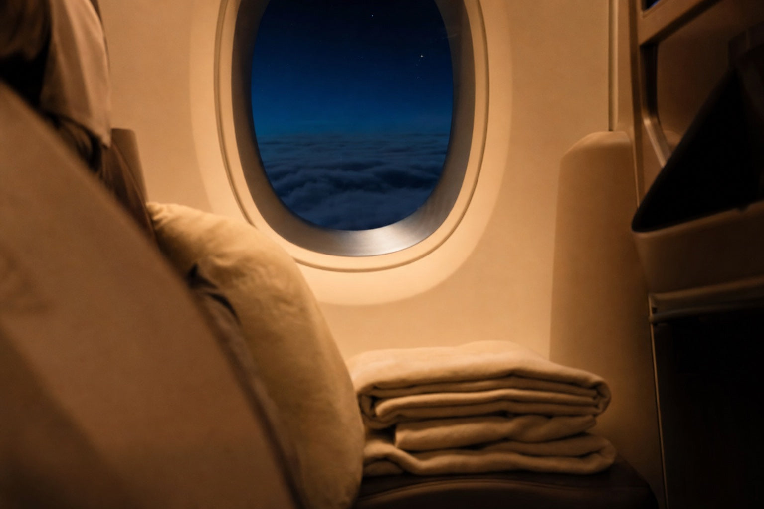 Come dormire in aereo: cabina notturna vista dal finestrino con plaid morbido e luce soffusa, l'ambiente per riposare in volo