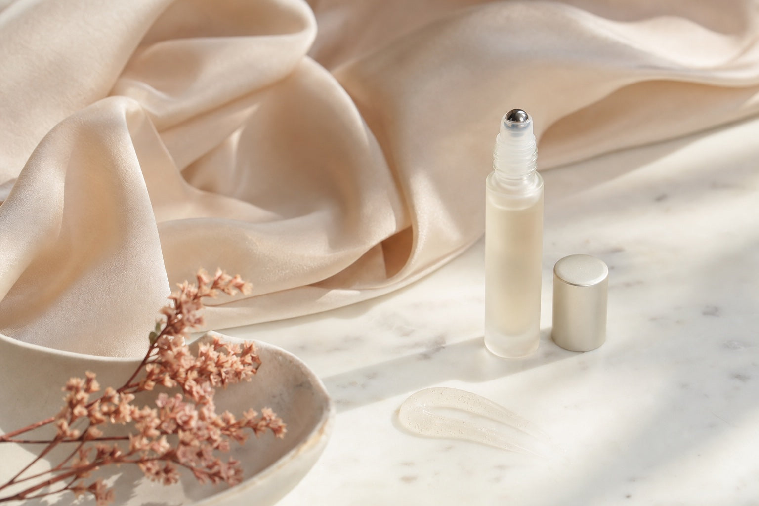 Cura contorno occhi: siero e applicatore roll-on su superficie chiara con luce mattutina, rituale delicato per la zona perioculare