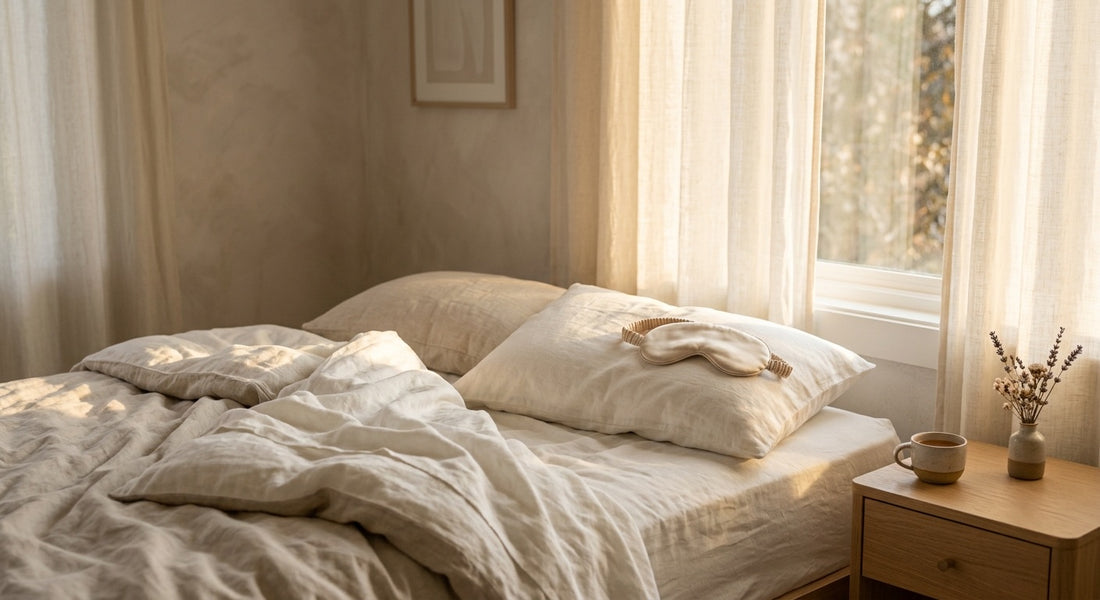 Fasi del sonno REM e profondo: camera da letto al mattino con luce naturale dorata e mascherina per dormire in seta champagne sul cuscino