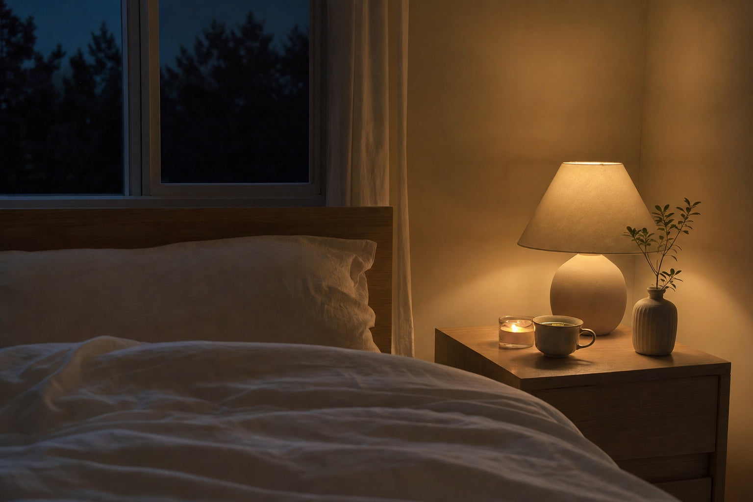 Insonnia rimedi naturali: camera da letto in penombra con tisana e candela, l'ambiente calmo che favorisce il sonno