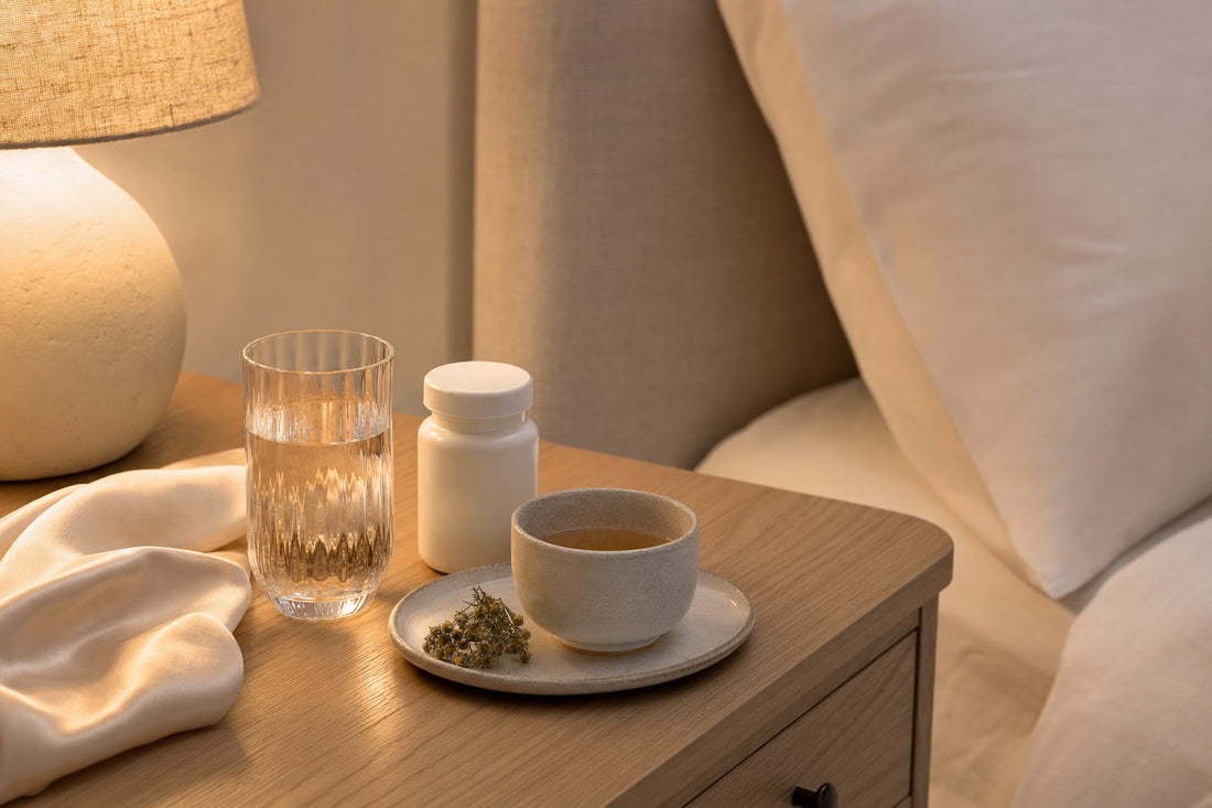 Magnesio per dormire: bicchiere d'acqua, integratore e tisana su comodino con luce serale, il rituale della sera