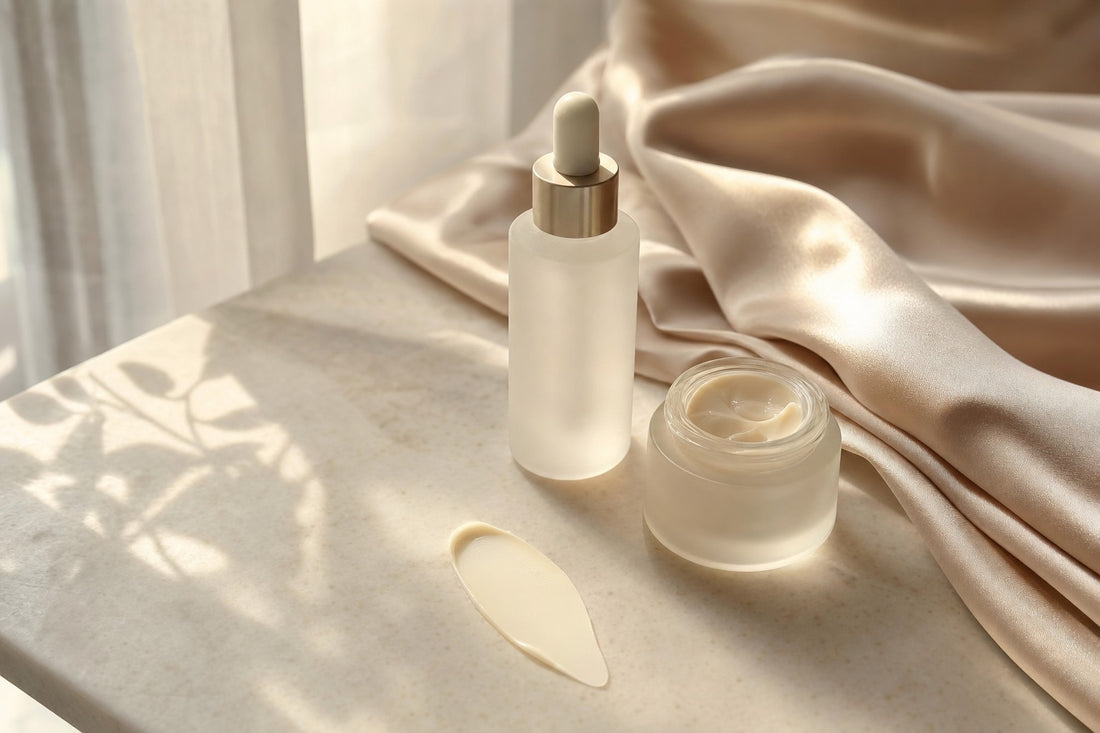 Niacinamide benefici: siero e crema su superficie chiara con luce naturale, l'attivo tuttofare della skincare