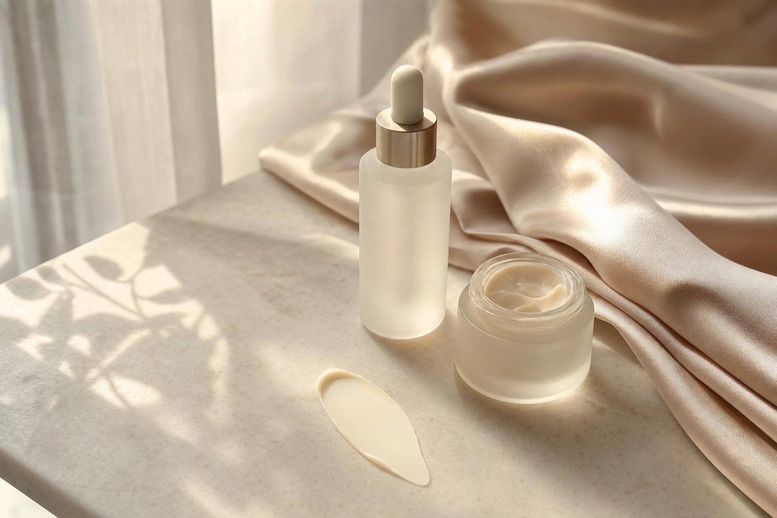 Niacinamide benefici: siero e crema su superficie chiara con luce naturale, l'attivo tuttofare della skincare