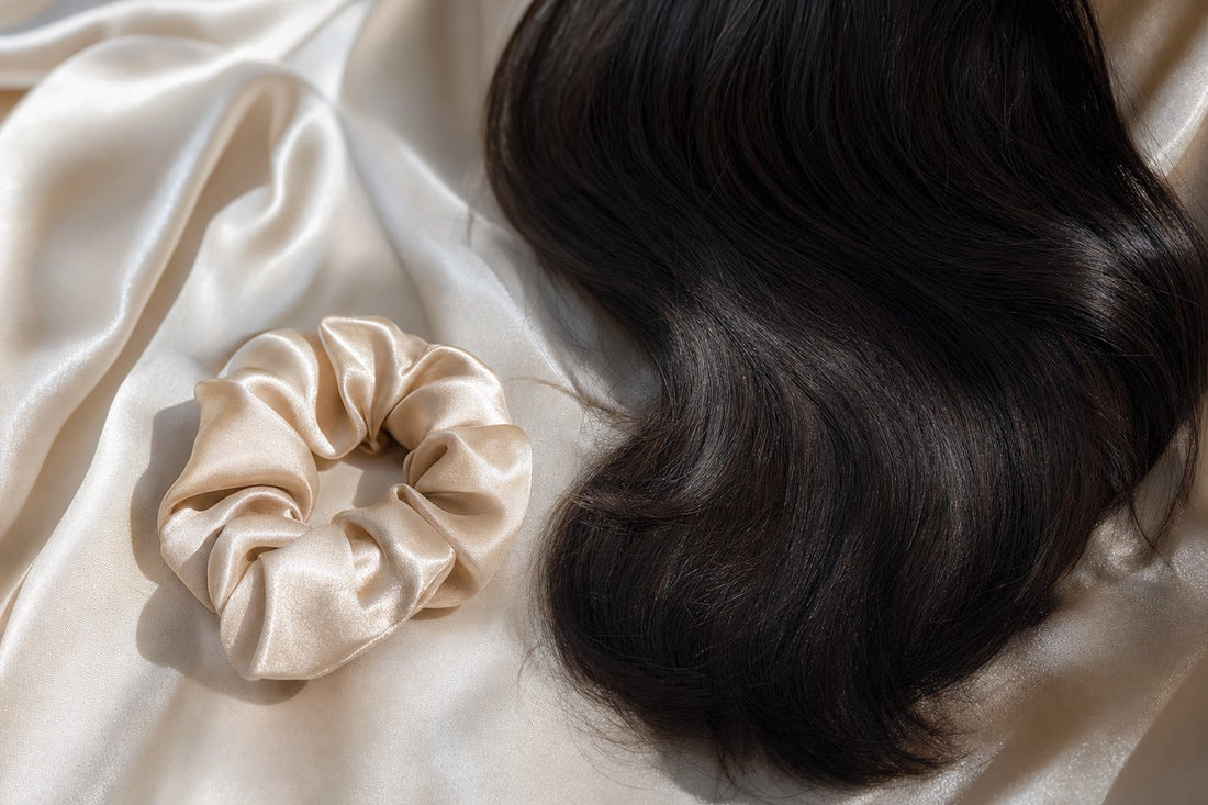 Proteine della seta e capelli: ciocca di capelli lucidi su seta di gelso con uno scrunchie in seta, la superficie liscia che riduce l'attrito notturno