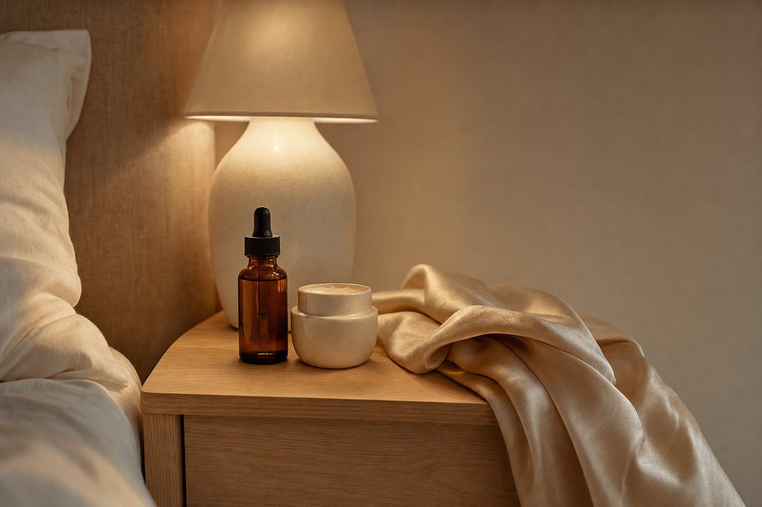 Retinolo come si usa: siero in flacone ambrato e crema su comodino con luce serale soffusa, il momento della skincare notturna