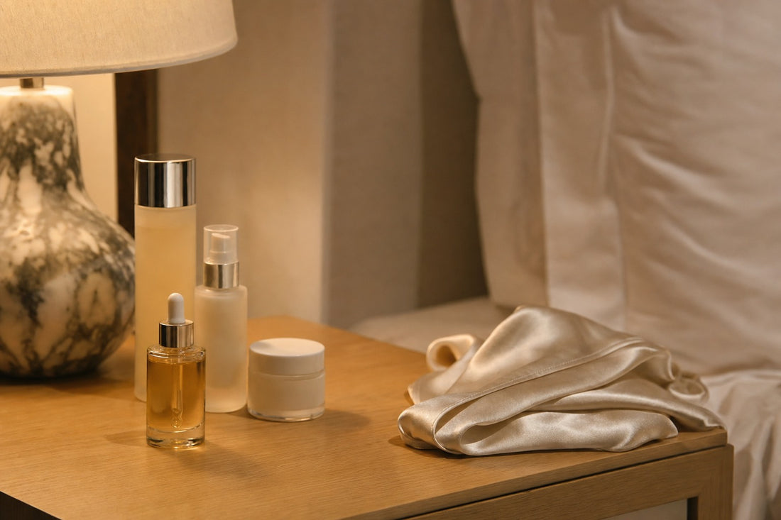Skincare notturna: comodino con siero e crema viso illuminati da luce calda e soffusa, rituale serale di cura della pelle