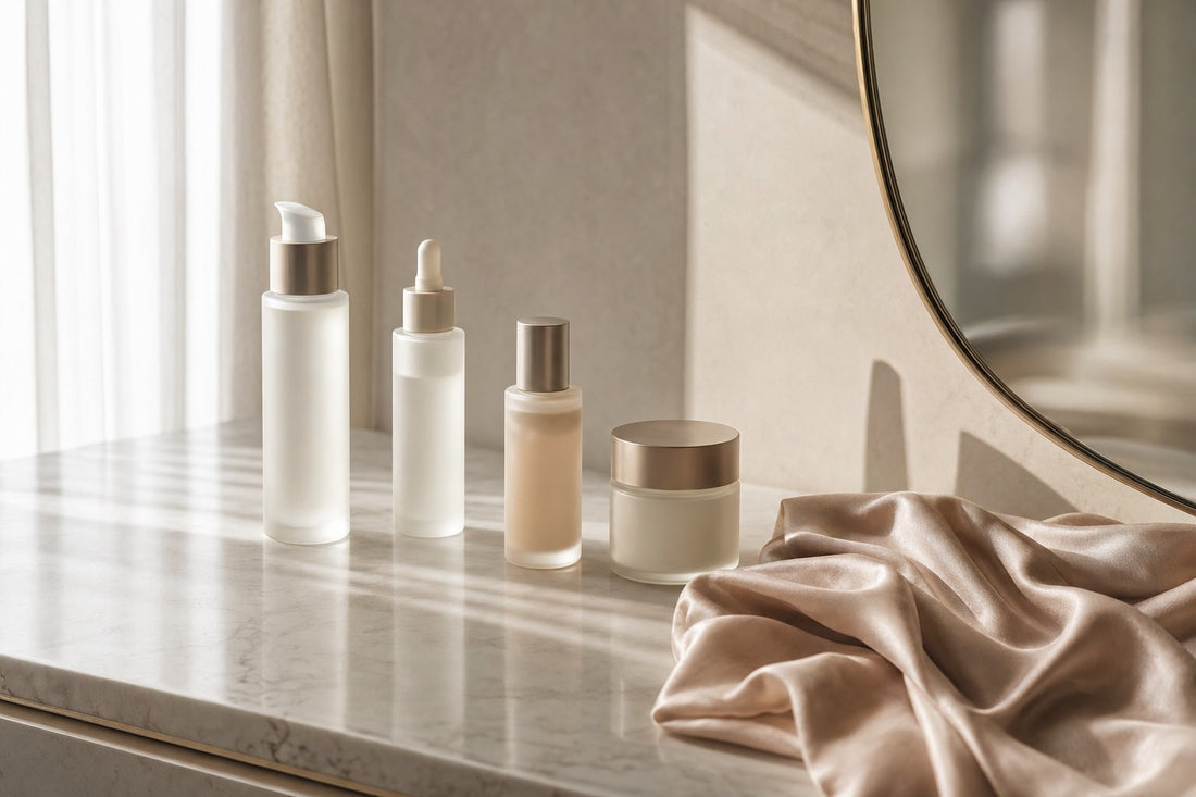 Skincare per età: sieri e crema su superficie chiara con luce naturale, gli attivi da adattare a ogni fase della pelle