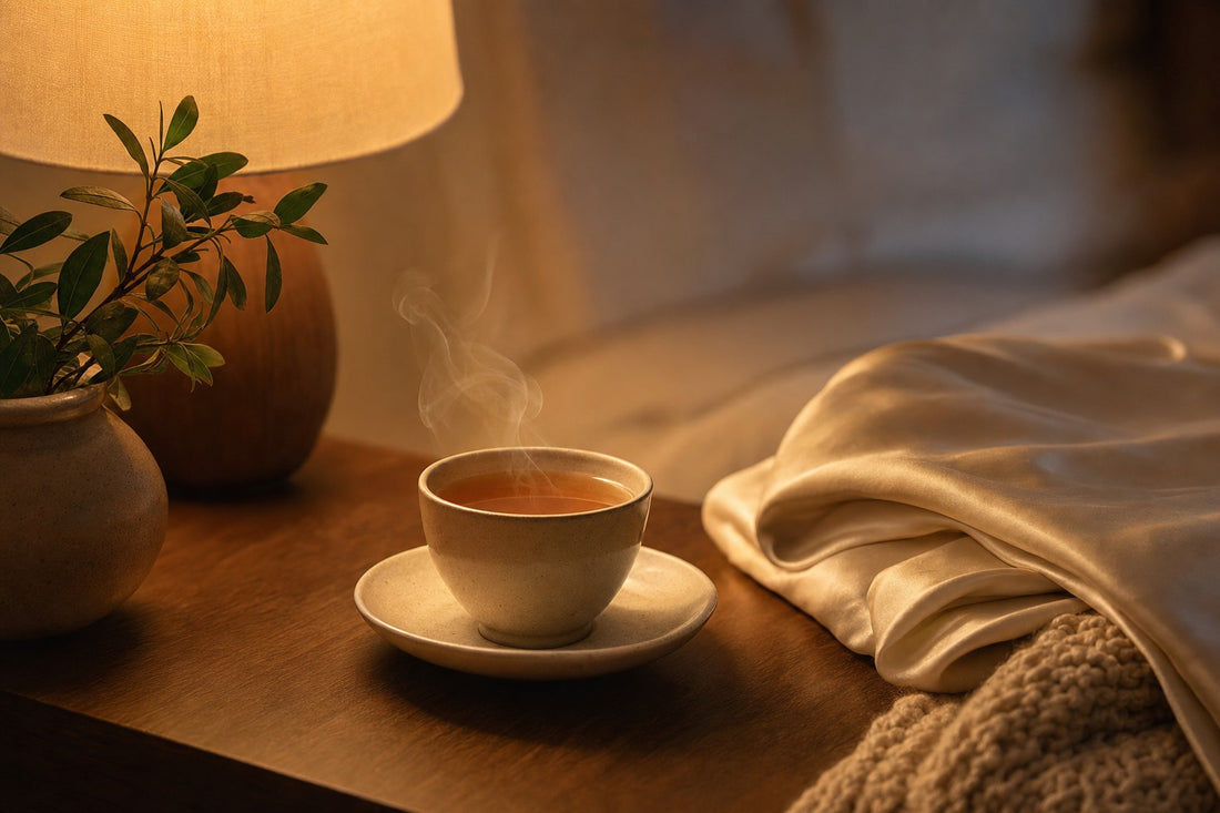 Sonno e ciclo mestruale: tisana calda e seta morbida sul comodino nella luce della sera, prendersi cura del riposo nei giorni difficili del ciclo