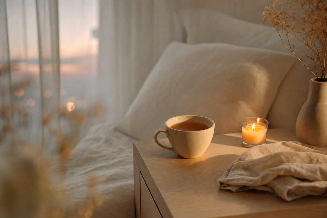 Stress, sonno e pelle: rituale serale di calma con tisana e candela in camera da letto al crepuscolo, per abbassare la tensione