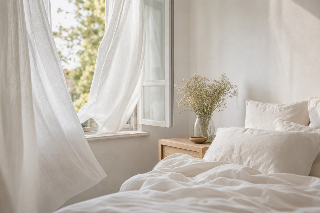 Temperatura ideale camera da letto per dormire: camera fresca e ariosa con finestra aperta e lino bianco, l'ambiente che favorisce il sonno